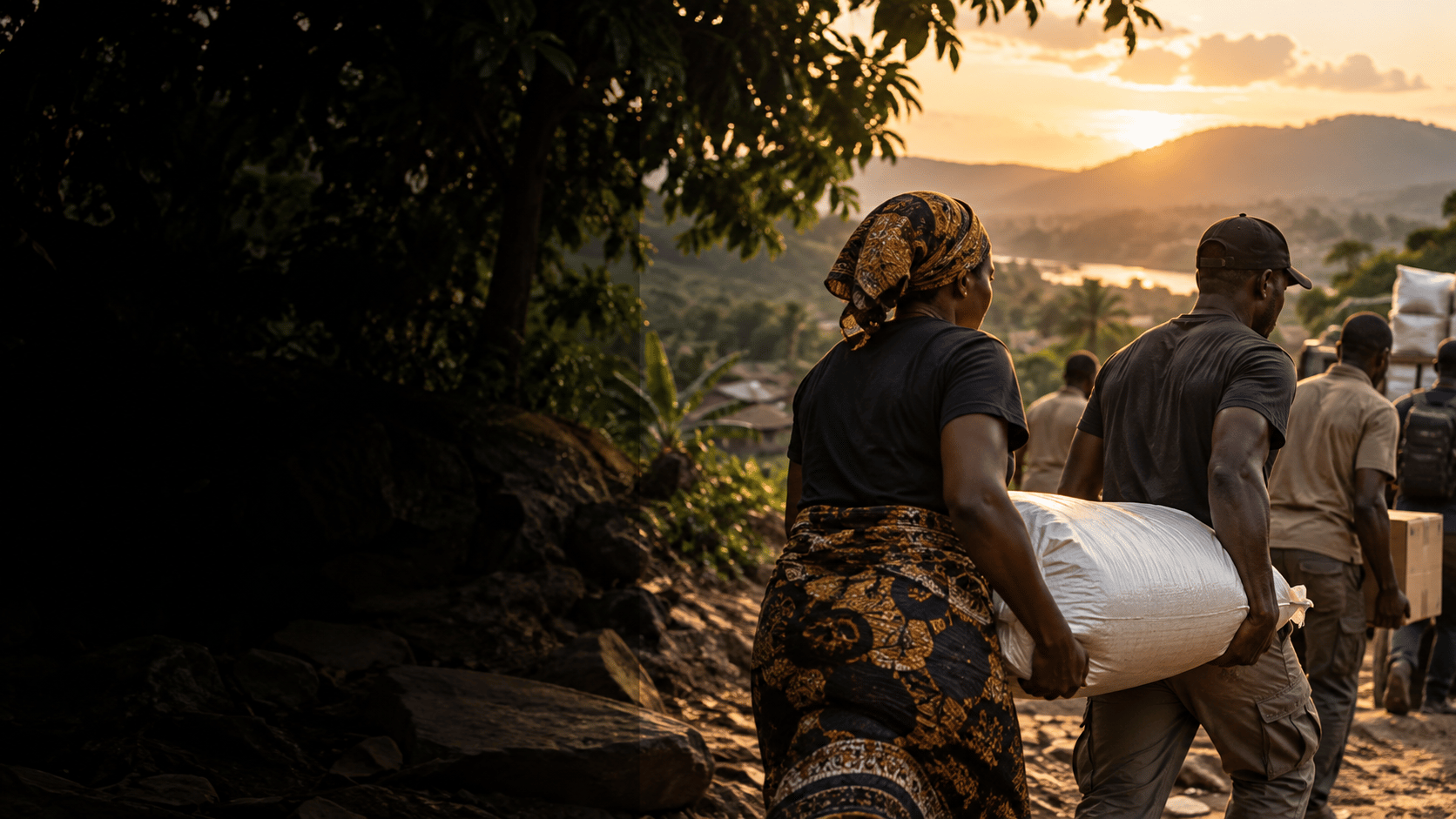 Illustrative scene of adults carrying supplies together